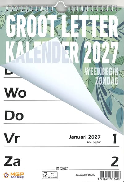 MGPcards - Grootletter kalender - 2027 - Week begint op zondag - 21 x 34 cm - Groen Bladeren