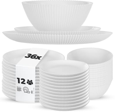 KADAX servies voor 12 personen, 36-delig, wit servies van opaalglas met soepkommen, dinerborden en dessertborden, vaatwasmachinebestendig (wit XL)