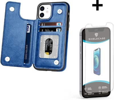 ShieldCase Wallet case geschikt voor Apple iPhone 12 / 12 Pro - 6.1 inch - ruimte voor pasjes - pasjeshouder - portemonnee - blauw + glazen Screen Protector