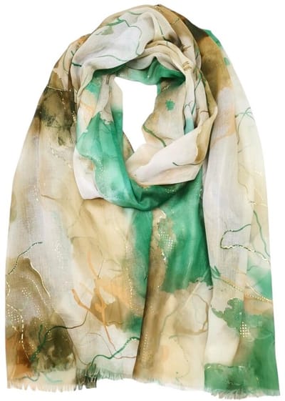 Lange dames sjaal Corry fantasiemotief taupe groen bruin beige goud oester zwart licht cacao