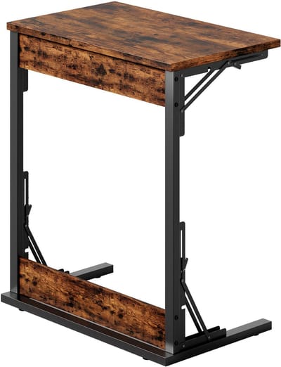 Opvouwbare C-vorm Bijzettafel 60x37x71 cm - Bijzettafel met Metalen Frame & Verstelbare Poten - TV-Tablett/TV-tafel - Bruin - Voor Woonkamer, Slaapkamer & Kantoor