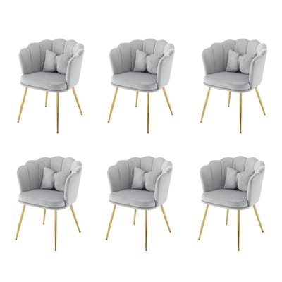 YEHTOKHOME Velvet Eetkamerstoelen set van 6 met armleuning, Bureaustoel, Make-upstoel, Ergonomisch, Fauteuil, Fluwelen stoel met bloemblad-rugleuning, Vergulde metalen poten, Vlinderkussens, Grijs