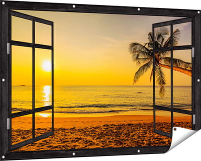 Gards Tuinposter Doorkijk Tropisch Strand tijdens Zonsondergang - 150x100 cm - Tuindoek - Tuindecoratie - Wanddecoratie buiten - Tuinschilderij