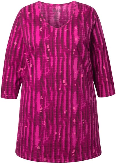 Ulla Popken - Dames - Longshirt batikpatroon A-lijn V-hals 3/4-mouwen - Magnoliarood - Maat 50+