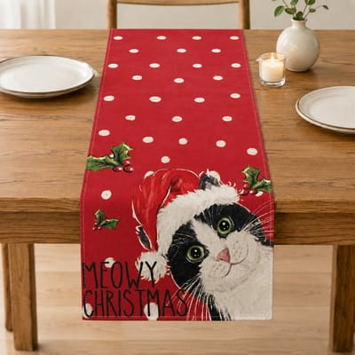 Blazelife Kerstmis Home Bedrukt Velvet textiel Tafelloper - Fluweel - Runner 40*140 -Kersttafelkleed - Kerstsneeuwpop - Kat