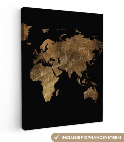 Canvas schilderij 30x40 cm - Wanddecoratie Wereldkaart - Goud - Luxe - Aarde - Zwart - Muurdecoratie woonkamer - Kamer decoratie accessoires - Schilderijen