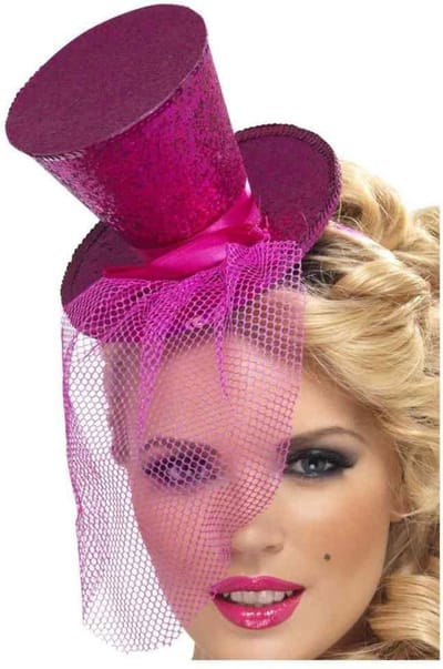 Smiffy's Verkleed mini hoedje - roze - op diadeem - glitter and glamour - met sluier