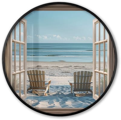 Poster in lijst Rond - Fotolijst 60x60 cm - Posters - Doorkijk - Strandstoelen - Duinen - Zee - Natuur - Ronde posterlijst zwart - Decoratie - Wanddecoratie woonkamer - Muurdecoratie slaapkamer