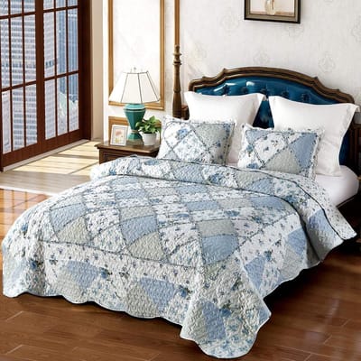 Gewatteerde sprei Coverlet Set 3-delige Bloemen Patchwork Omkeerbare Quilt Set voor Full/Queen Size Bed Cover met Kussenslopen (Blauw, Full/Queen Size (87" x 94"))