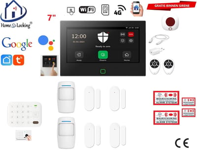 Draadloos / bedraad alarmsysteem met 7-inch touchscreen voor woning/camper/boot/caravan werkt met wifi en sim kaart en met spraak gestuurde apps. (Nederlands of Frans stem en tekst). ST01B-78