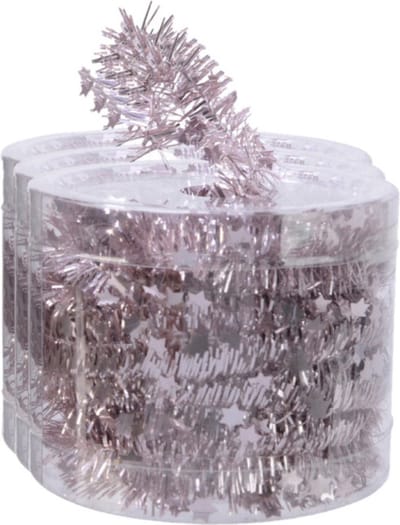 Decoris kerstslinger - 3x st- met sterren - lichtroze - lametta - 700 cm