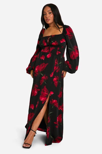 boohoo Dames Plus Ditsy Ballonmouw Melkmeisje Maxi-jurk | Zwart | Maat: 48