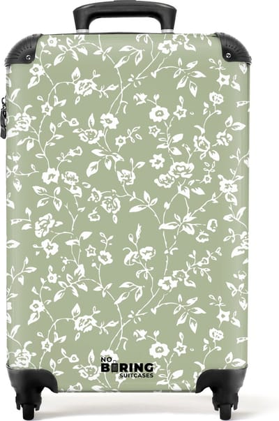 NoBoringSuitcases.com® - Handbagage koffer lichtgewicht - Reiskoffer trolley - Licht groen met witte bloemen - Rolkoffer met wieltjes - Past binnen 55x40x20 en 55x35x25