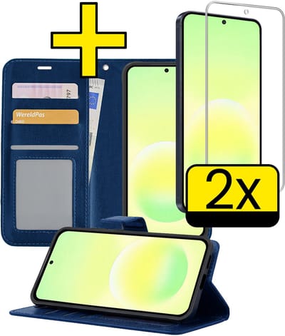Hoesje - Met 2x Screenprotector - Geschikt voor Samsung Galaxy A57 - Luxe Pasjeshouder - Bookcase Portemonee - Flip Case - Kunstleer Book Case - Flipcase Hoes - Book Cover - Walletcase - Portemonneehoes - Telefoonhoesjes - Donkerblauw