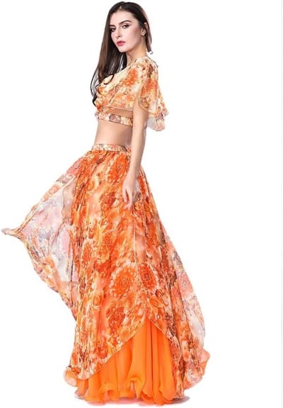 Buikdans Top en Rok Set voor Vrouwen - Sexy Chiffon Danskostuum met Bloemenprint voor Optredens en Danslessen