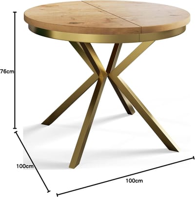 Uitschuifbare Ronde Eettafel 100–180 cm – Moderne Design Eetkamertafel met Metalen Gouden Poten, Lichtbruine Woonkamertafel voor 4-8 Personen – BERGO – Laura
