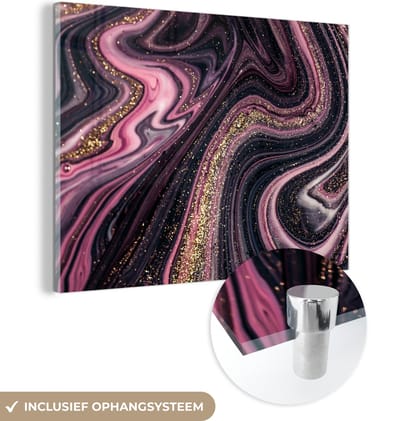 MuchoWow® Glasschilderij 160x120 cm - Schilderij acrylglas - Marmerlook - Roze - Paars - Goud - Luxe - Marmer - Foto op glas - Schilderijen