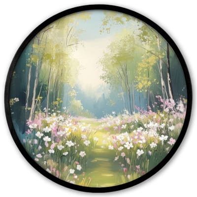Poster in lijst Rond - Fotolijst 40x40 cm - Posters - Bos - Schilderstijl - Kleurrijk - Ronde posterlijst zwart - Decoratie - Wanddecoratie woonkamer - Muurdecoratie slaapkamer