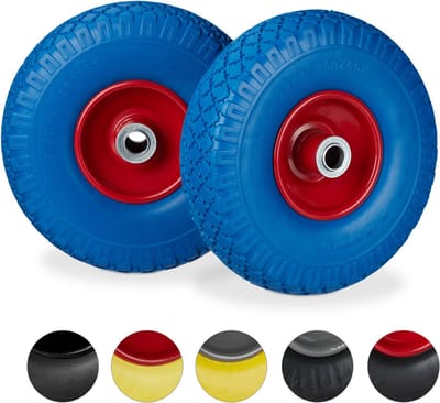 2x steekwagenwiel blauw-rood - rubberband - bolderkar - 100 kg - stalen velg