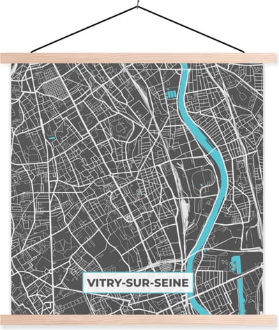 Posterhanger incl. Poster 40x40 cm - Schoolplaat - Frankrijk - Plattegrond - Stadskaart - Kaart - Vitry-sur-Seine - Textielposter - Blanke latten - Stadskaart