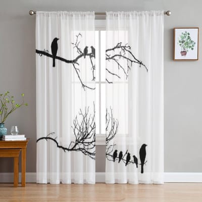 Silhouet Van De Vogels Op Tak Chiffon Transparante Gordijnen voor Woonkamer Slaapkamer Decoratie Raam Voiles Tule Gordijn 135W x 160H(cm)