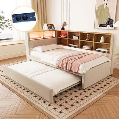 MODFU Bedframe 90x200 cm, gestoffeerd flanel beige, met uitschuifbed 90x190 cm en LED