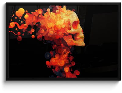 Poster in lijst - Fotolijst 90x60 cm - Posters - Schedel - Oranje - Zijaanzicht - Vlammen - Posterlijst zwart - Decoratie - Wanddecoratie woonkamer - Muurdecoratie slaapkamer