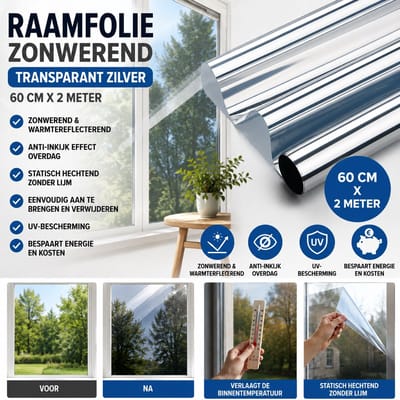 Wicotex - Raamfolie - Raamfolie Zonwerend - Afmeting 60cm x 2m - Kleur Transparant Zilver