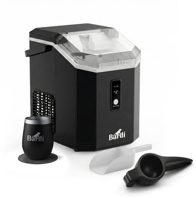 Bardi 1.1L - Nugget IJsblokjesmachine Square - Crushed Ice Maker met IJsschep - 15kg/24 uur - Ijsblokjesmaker - Met Luxe Thermosbeker - Zwart met citruspers zwart