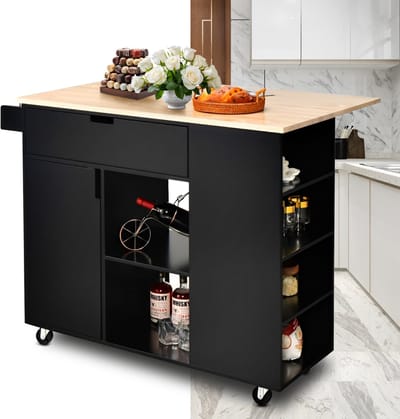 Keukeneiland - Verplaatsbaar - Keukenkast - Dressoir - Organizer - Kasten - Houten Werkblad - Lade - Zwart
