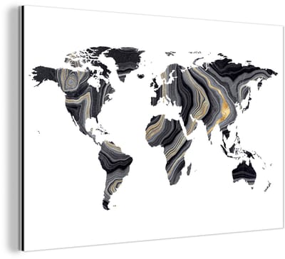 Aluminium schilderij 180x120 cm - Wanddecoratie metaal - Wereldkaart - Verf - Goud - Metalen muurdecoratie woonkamer - Decoratie industrieel - Foto op dibond - Industriële accessoires slaapkamer