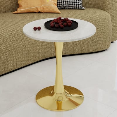 MODENUIT Bijzettafel - Ronde Tafel Voor Woonkamer En Eethoek - Wit Geaderd Blad - Kunstmarmer - Wit En Goud