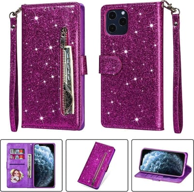 Bookcase Geschikt voor: iPhone 12 Mini Glitter met rits - hoesje - portemonneehoesje - Paars