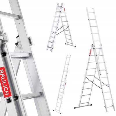 Baulich Aluminium opvouwbare multifunctionele vouwladder - 3 secties, 3x9 treden, met stabilisator, draagvermogen 150 kg, maximale werkhoogte 547 cm, licht en duurzaam