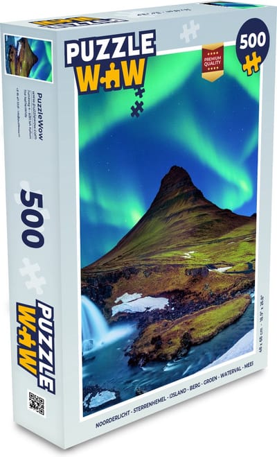Puzzel Noorderlicht - Sterrenhemel - IJsland - Berg - Groen - Waterval - Meer - Legpuzzel - Puzzel 500 stukjes