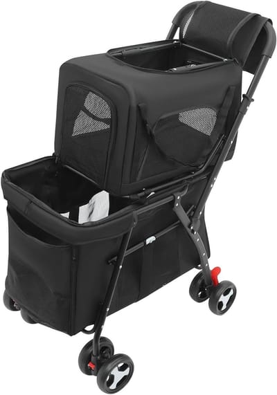 Dubbele Dierenkar - Huisdier Buggy - Comfortabel Vervoer - Afneembare Draagtas - Tot 22 kg - Zwart