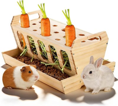 Grote hooiruif voor konijnen en cavia's van onbehandeld natuurlijk hout, 30 × 22 × 18 cm, ideale voederoplossing voor knaagdieren, hamsters en hazen