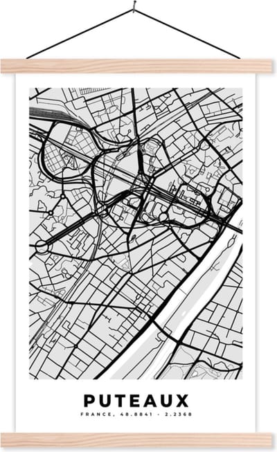 Posterhanger incl. Poster 40x60 cm - Schoolplaat - Frankrijk - Plattegrond - Kaart - Puteaux - Stadskaart - Textielposter - Blanke latten - Stadskaart