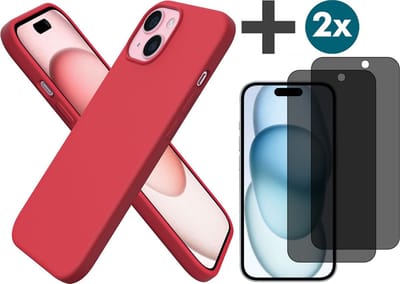 Hoesje met Privacy Screenprotectors 2 Stuks Geschikt voor iPhone 15 Plus Hoesje Siliconen - liquid case - Arara Backcover - Rood