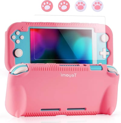 Siliconen beschermhoes voor Nintendo Switch Lite met beschermfolie, 4 joystickdoppen en gamecardsleuven, schokabsorberend en krasbestendig ontwerp (Roze)