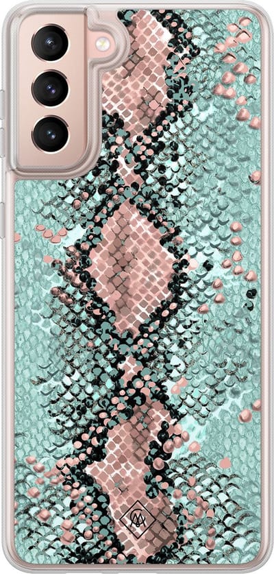 Casimoda® hoesje - Geschikt voor Samsung Galaxy S21 Plus - Slangenprint pastel mint - 2-in-1 case - Schokbestendig - Slangenprint - Verhoogde randen - Groen, Transparant