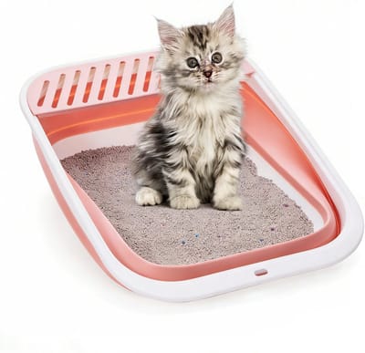 Oneay Opvouwbare kattenbak, in hoogte verstelbaar, spatwaterdichte open kattenbak, gemakkelijk schoon te maken (roze, 45*34*12,5 cm)