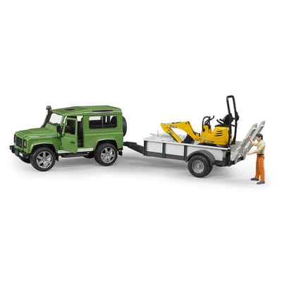 Bruder Land Rover Defender met één as trailer, JCB micro graafmachine en werknemer