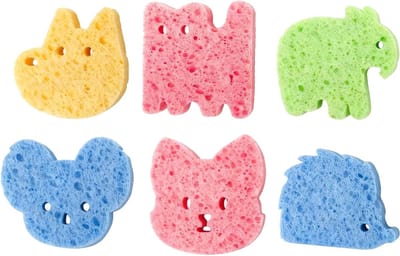 Natuurlijke diervormige badspons voor pasgeborenen - Zachte en veilige badspons in blauw, groen, roze en geel, ideaal voor babyhuid, 6 stuks