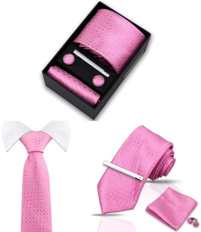Actie4you® - Luxe Stropdas - Stropdas Set met Manchetknopen en Pochet en Dasspeld – Met Geschenkdoos – 4 Delig – Stropdas Set – Roze Blokjes