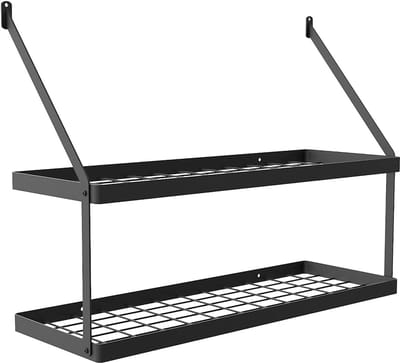 Famanu - Pannenhouder wandmontage dubbele rail 75 cm metalen keukenrek met haken zwart