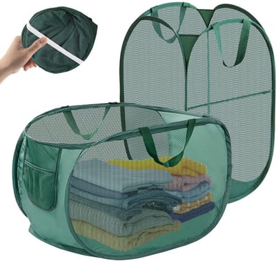 carmdering - Pop-up Wasmand - Opvouwbare Wasmachine Mand - Mesh Waskorf - Snel Openen En Sluiten - Optimale Luchtcirculatie - Polyester Mesh En Stalen Draad - Duurzaam Groen Design - Ideaal Voor Meerdere Ruimtes - 2 Stuk