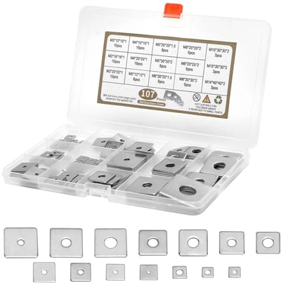 SnelShoppen - 107-delige Set Vierkante Wasmachines RVS Vierkante Schijven Assortiment M3 M4 M5 M6 M8 M10 M14 Voor Bouten, Roestvrij Staal, Duurzaam en