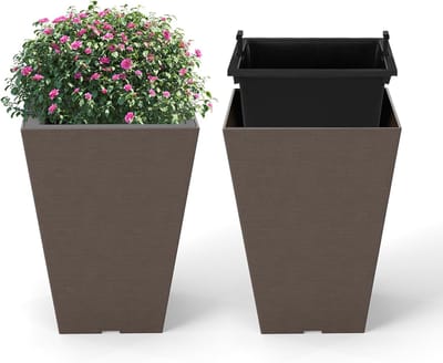 KOMFOTTEU Set van 2 bloembakken, plantenbakken van kunststof, bloempot met uitneembare binnenpot, weerbestendige plantenbakken, plantenpotten, sierpotten voor tuin, balkon, terras (25 x 25 x 35 cm)