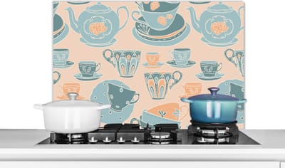 Spatscherm keuken 80x55 cm - Kookplaat achterwand Patronen - Vintage - Kopje - Thee - Muurbeschermer - Spatwand fornuis - Hoogwaardig aluminium